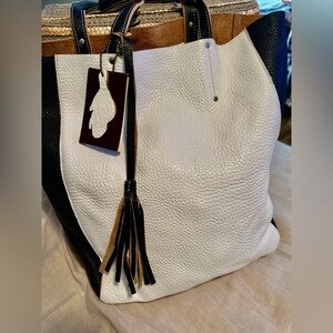 Roots White and Black Leather Tote Bag